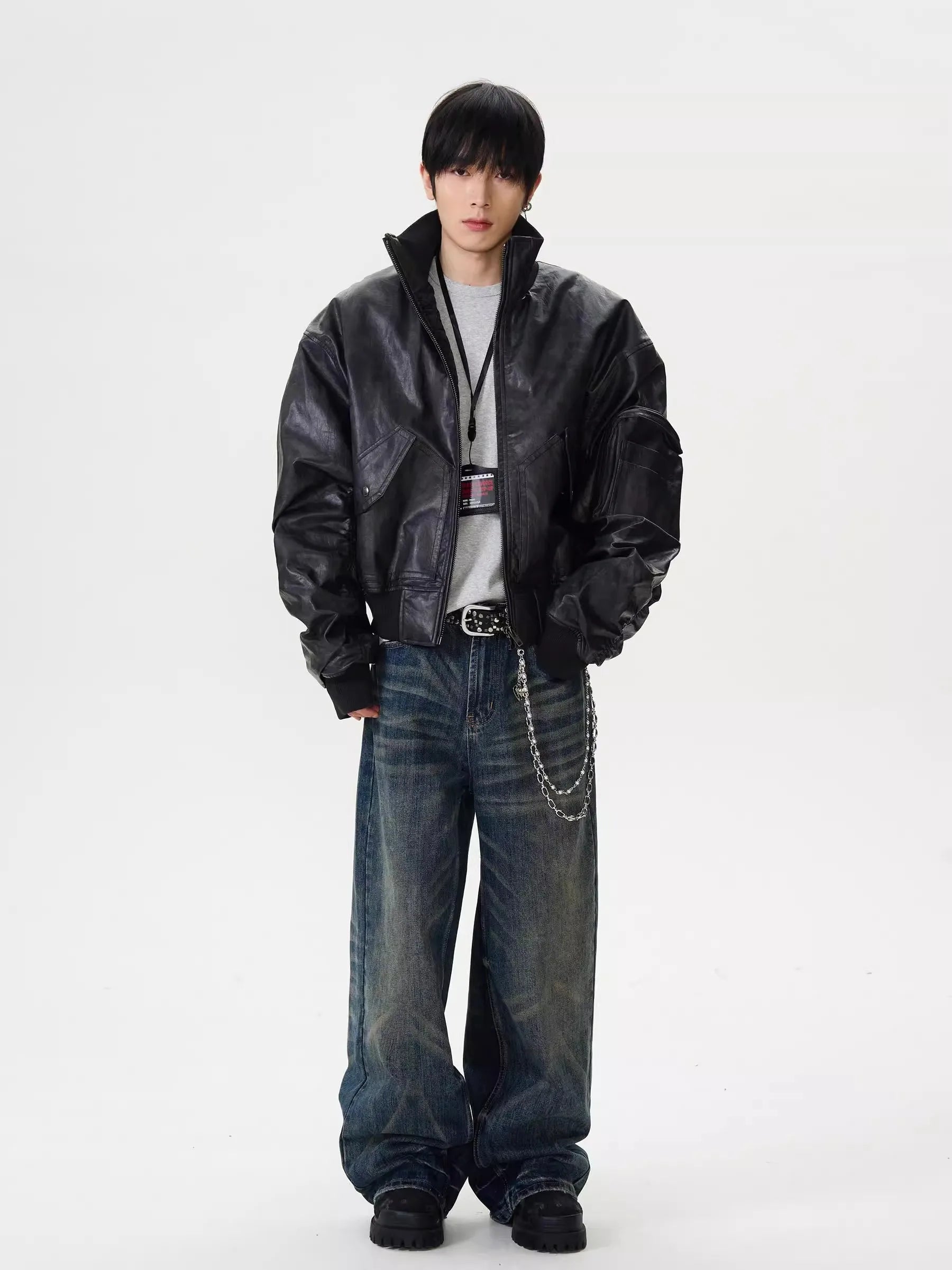 Mauroicardi Spring Autumn Cool Oversized Washed Black Pu Leather Bomber Jacket Men Zip Up Luxury Designer American Style Clothes