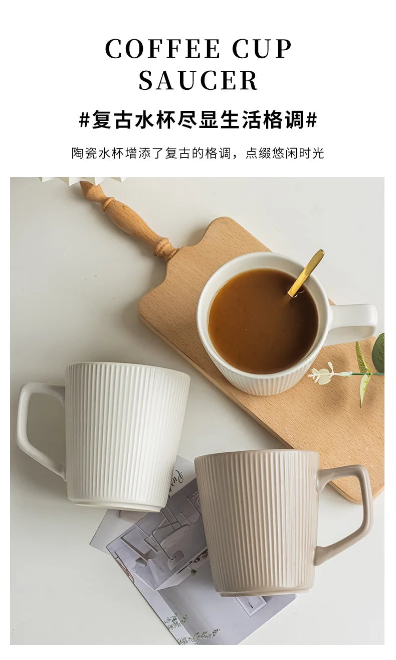 Coffee Cup Vintage Style Striped with Handle Simple Ceramic High Capacity Milk Breakfast Mug for Household Office Water Cup