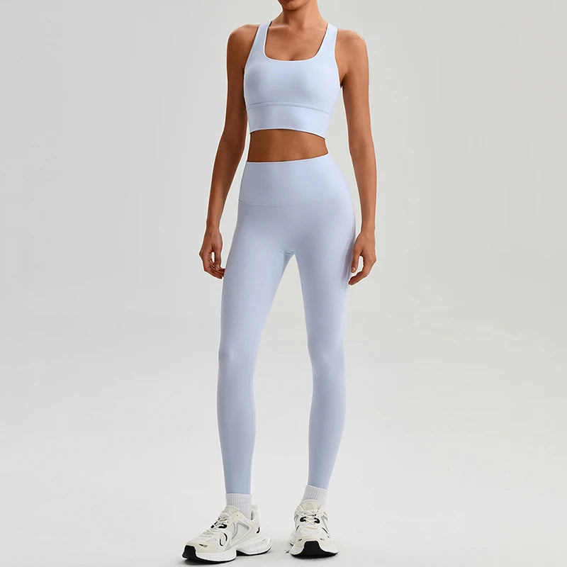 Naked Feel Yoga Set Women Fitness Sportswear 2 Piece Strappy Sports Bra High Waist Gym Leggings Workout Outfit Active Wear