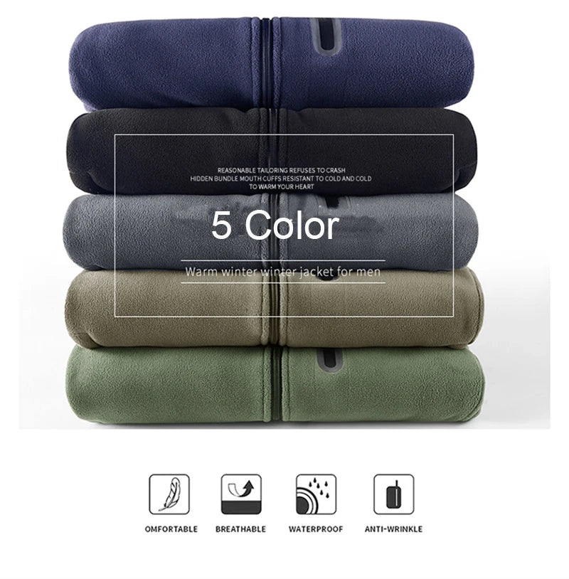 Solid Men's Fleece-Lined Bomber Jacket New Arrival Winter Windproof Stand-Collar Zip-Up Thicken Warm Plush Coat Fashion Clothing