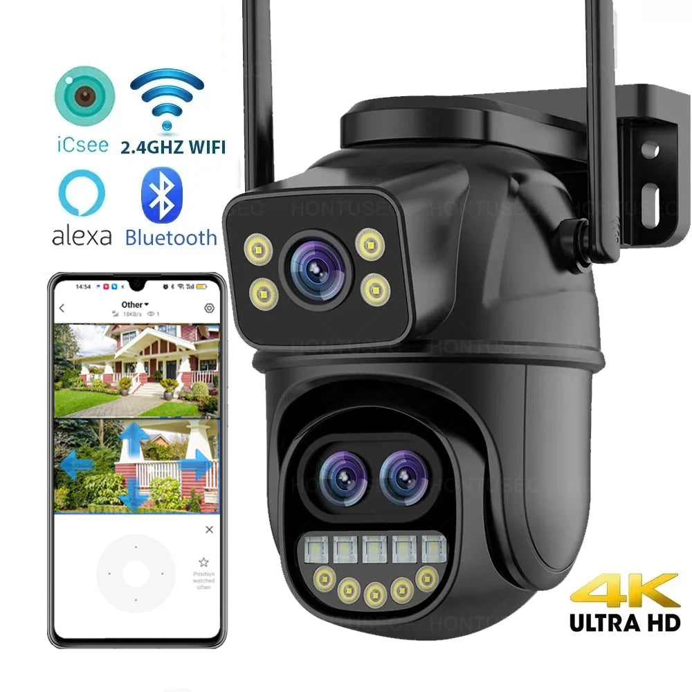 6K 12MP ICSEE Wifi Security Camera 3 Lens Dual Screen 8X Zoom Outdoor Waterproof Auto Tracking Human Detect Surveillance Camera