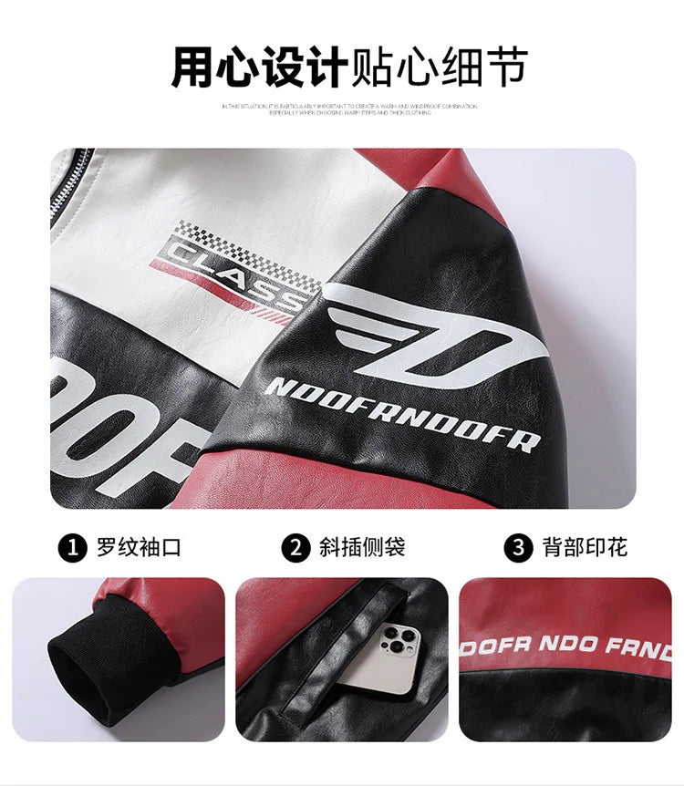 New Motorcycle PU Leather Bomber Jacket Japanese Loose Fashion Flight Jacket Large Size Men's Printed Faux Leather