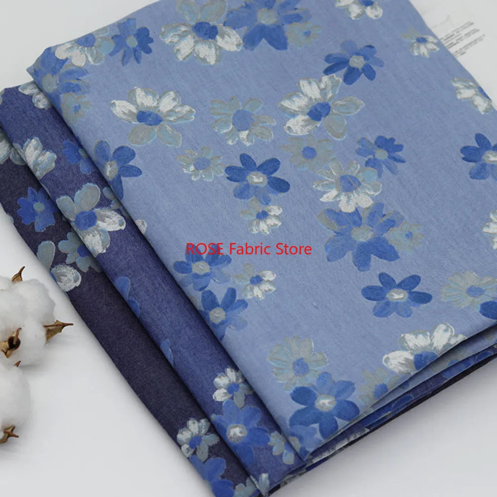 High-quality Delicate floral print denim For coats, shirts, pants, bags, DIY hand sewing, designer fabrics