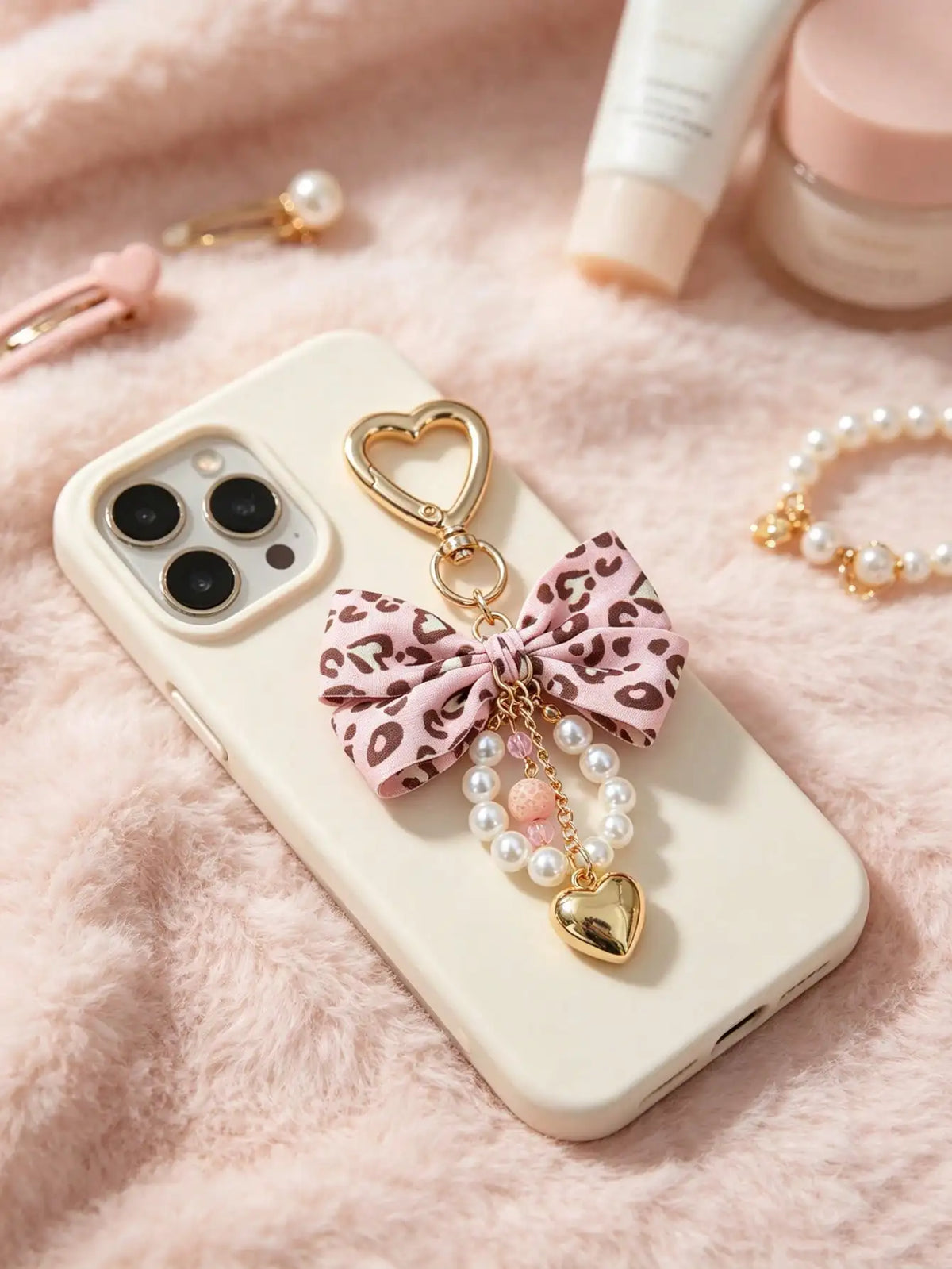 Leopard Print Bow Keychain Heart Pendant Women's Bag Simple Charm Pearl Keychain Beaded Charm Gift For Women