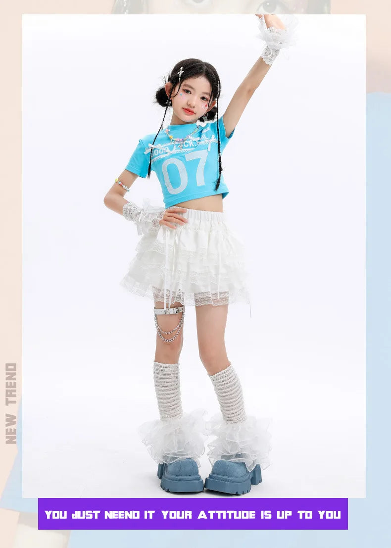 Kid Cute Hip Hop Clothing BLue Crop T Shirt Sleeves White Layered Lace Pleated Mini Skirt for Girls Jazz Dance Costume Clothes