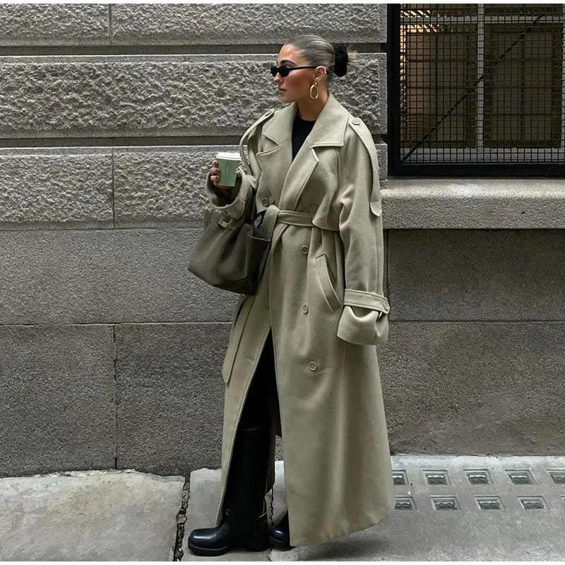 Whisper Lumi Vintage Double Breasted Lapel Women Long Coat Elegant Loose Jacket With Belt Autumn Casual Ladies Streetwear
