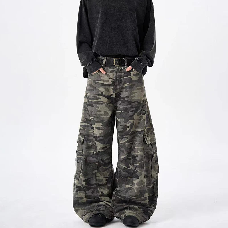 PFNW Camouflage Men Wide-Leg Cargo Pants 2025 Autumn New Trendy Contrast Color High Street Male Trousers