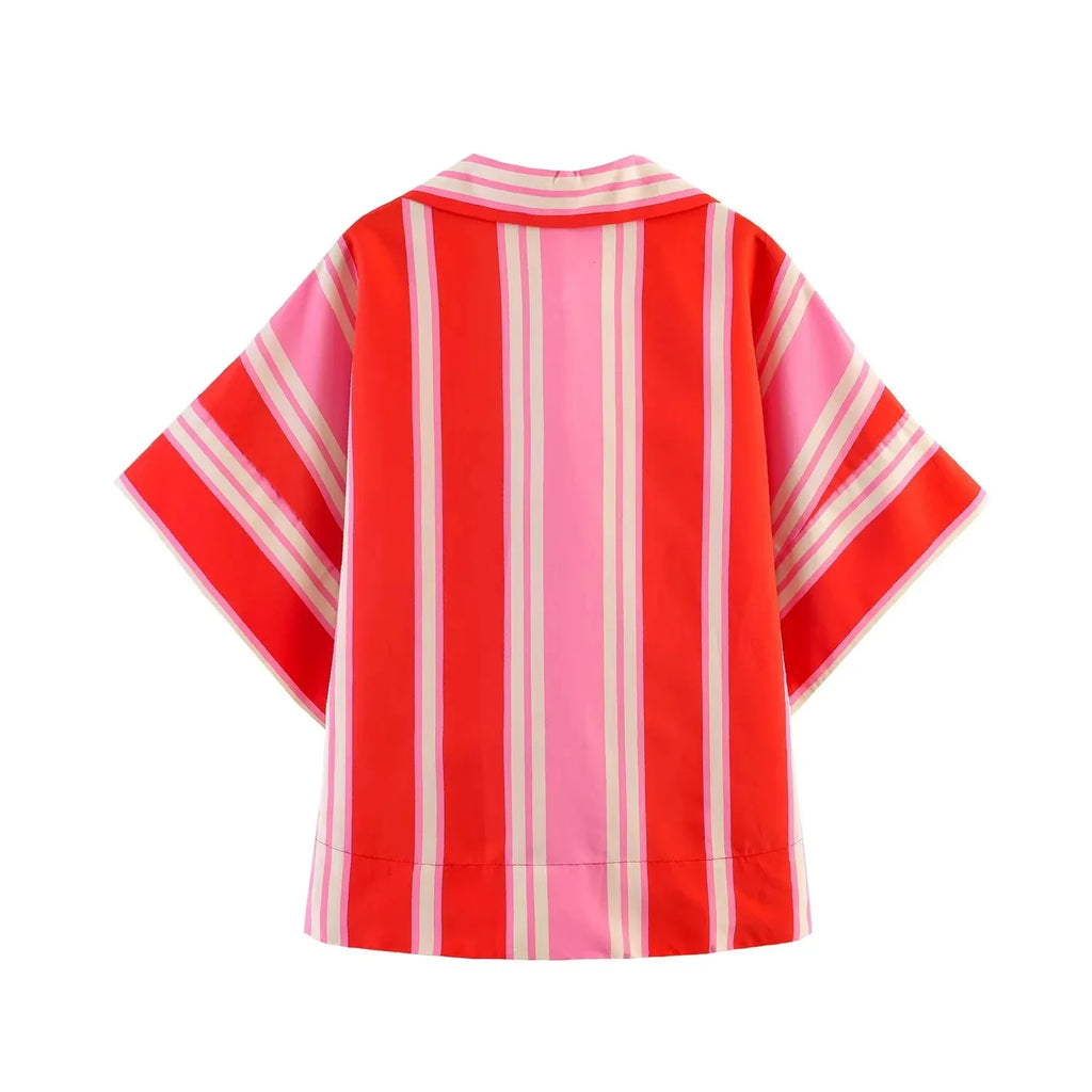 BSAY 2026 Women's Striped 2-Piece Outfit Short Sleeve Shirt Top + Elastic Waist Wide Leg Pants Set Casual Summer Matching Sets