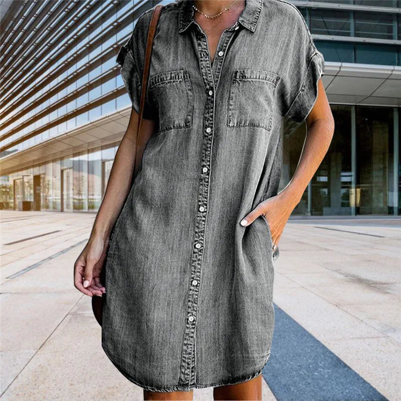 Summer Women's Denim Shirt Dress Single Breasted Casual Loose Pocket Retro Simple Denim Short Skirt