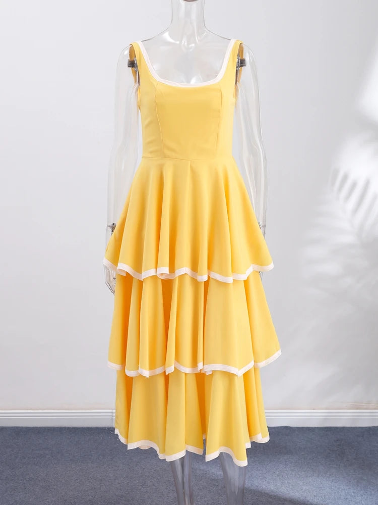 Fashion Women's Dress Round Neck Strapless Sleeveless Cascading Ruffled Hem Dresses Chic 2026 Summer New Daily Wear Ladies Robes