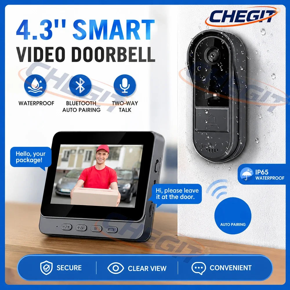 New Waterproof Doorbell Camera 4.3in IPS Screen Wireless Intercom Doorbell Night HD Vision Smart Home Security Video By Bell