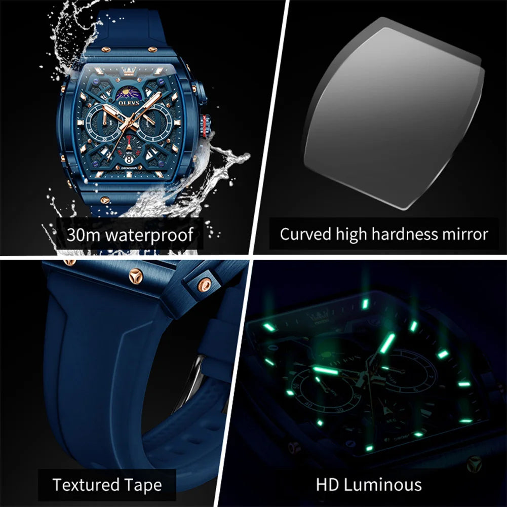 OLEVS 2942 Men Watch Automatic Calendar Waterproof Luminous Moonphase Watch Top Brand Tonneau Large Dial Hollow Men Quartz Watch