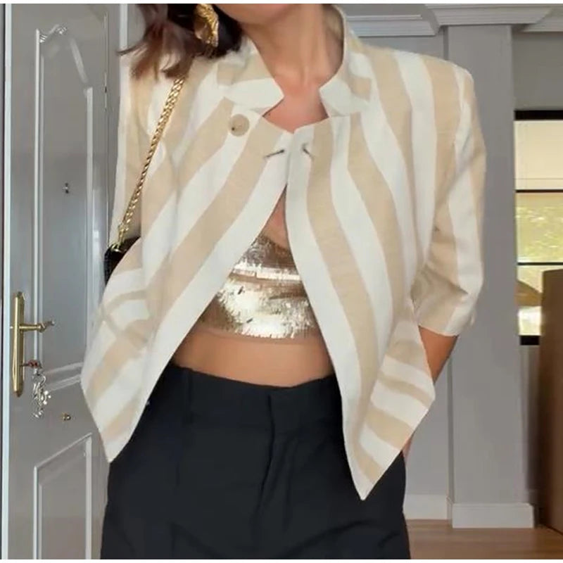 Women Chic Stripe Cropped Blazer Jacket Stand Collar 3/4 Sleeve Single Breasted Shoulder Pad Top 2026 Summer Fashion Street Coat