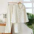 2026 Spring and Autumn Women's New Pajama Cotton Long sleeved Pants Set with Collar Flower Crape Fabric Home Clothing Set Ladies