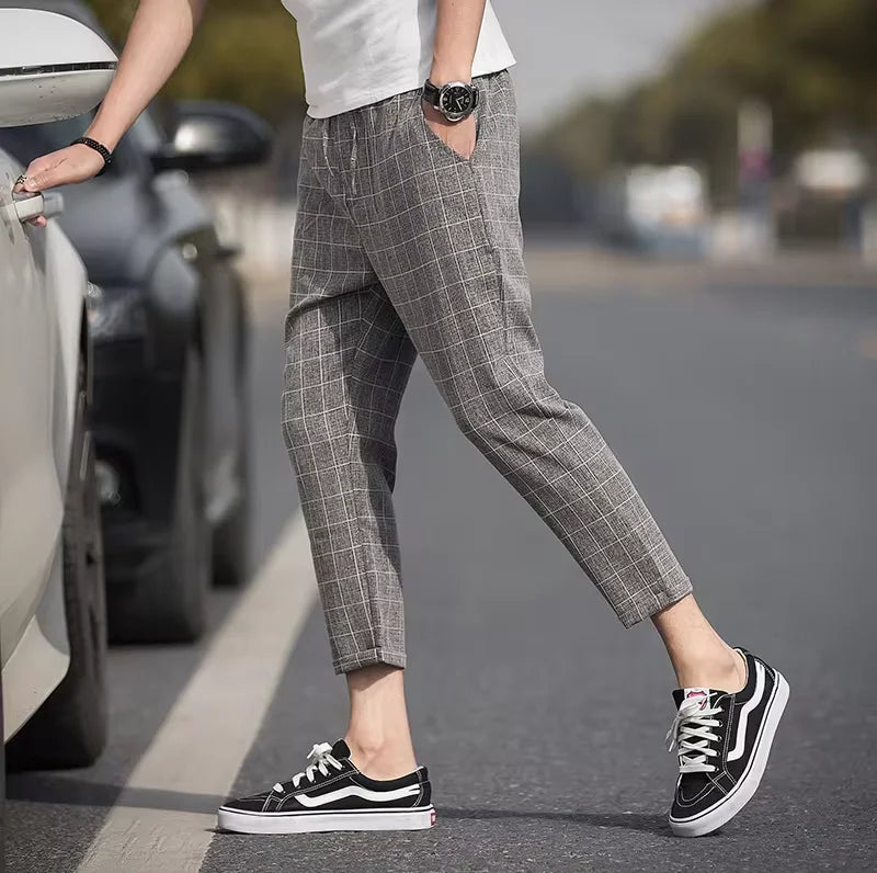 2025 Spring/Summer Men's Elastic Slimming Straight Leg Casual Pants Fashion Breathable Grid Design Sports Pants