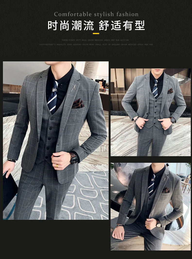 S-7XL ( Blazer + Vest + Pants ) Striped Plaid Solid Color Mens Formal Business Suit 3Pcs Set Groom Wedding Social Show Dress