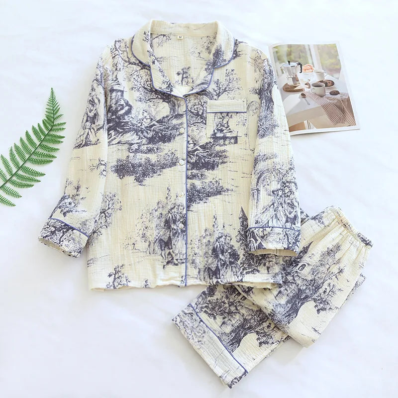 2026 New Spring and Autumn Women's Pajama Set 100% Cotton Crepe Collar Long Sleeve Two Piece Loose Breathable Home Clothes