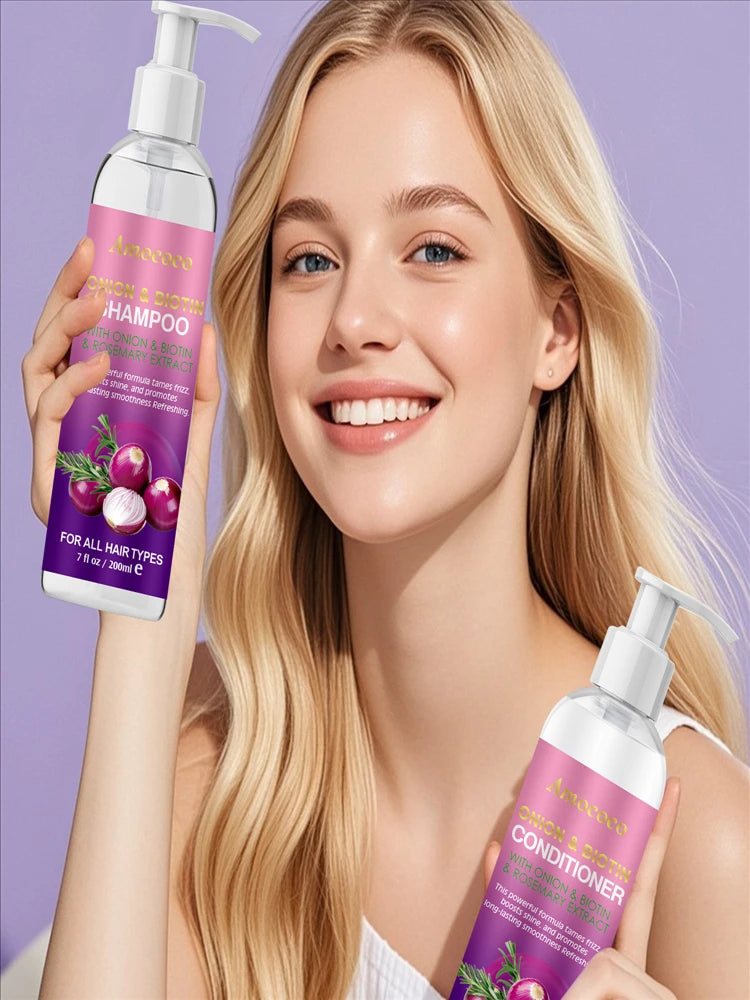 Amococo 2pcs X 200ml Shampoo and Conditioner Set with Onion Biotin Rosemary Hair Care Duo for All Hair Types Frizz Control Shine Boosting Sulfate Free