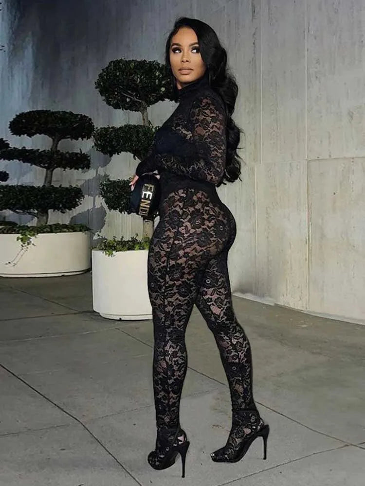 Spring Elegant Woman Jumpsuit Sexy Transparent Lace Full-length Jumpsuit Long Sleeve Jumpsuit with Dress Wholesale Dropshipping