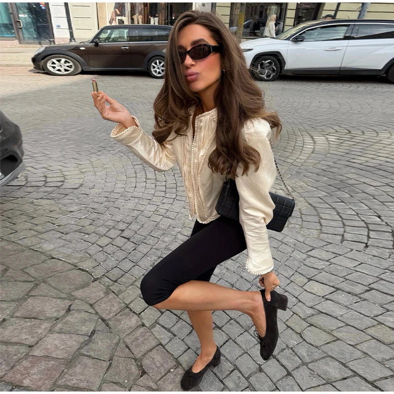 Solid Satin Lace V-Neck Puff Sleeve Blouse Curved Hem Slim Fit 2026 Summer Glam Women Satin Shirt Parisian Versatile Lady Blusa
