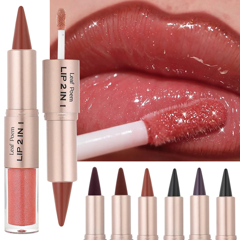 2IN1 Tapered Gradient Lipliner Pen Nude Brown Mirror Glass Lip Gloss Matte Lip Liner Waterproof Lip Contour Non Stick Makeup