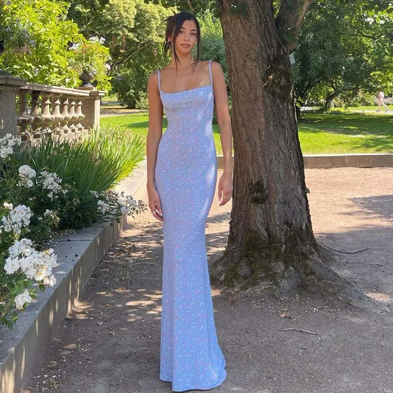 Women's Flower Print Sleeveless Backless Slim Maxi Dress Elegant Streetwear Party Clothing Spring 2025 Concise Sexy Slip Dress