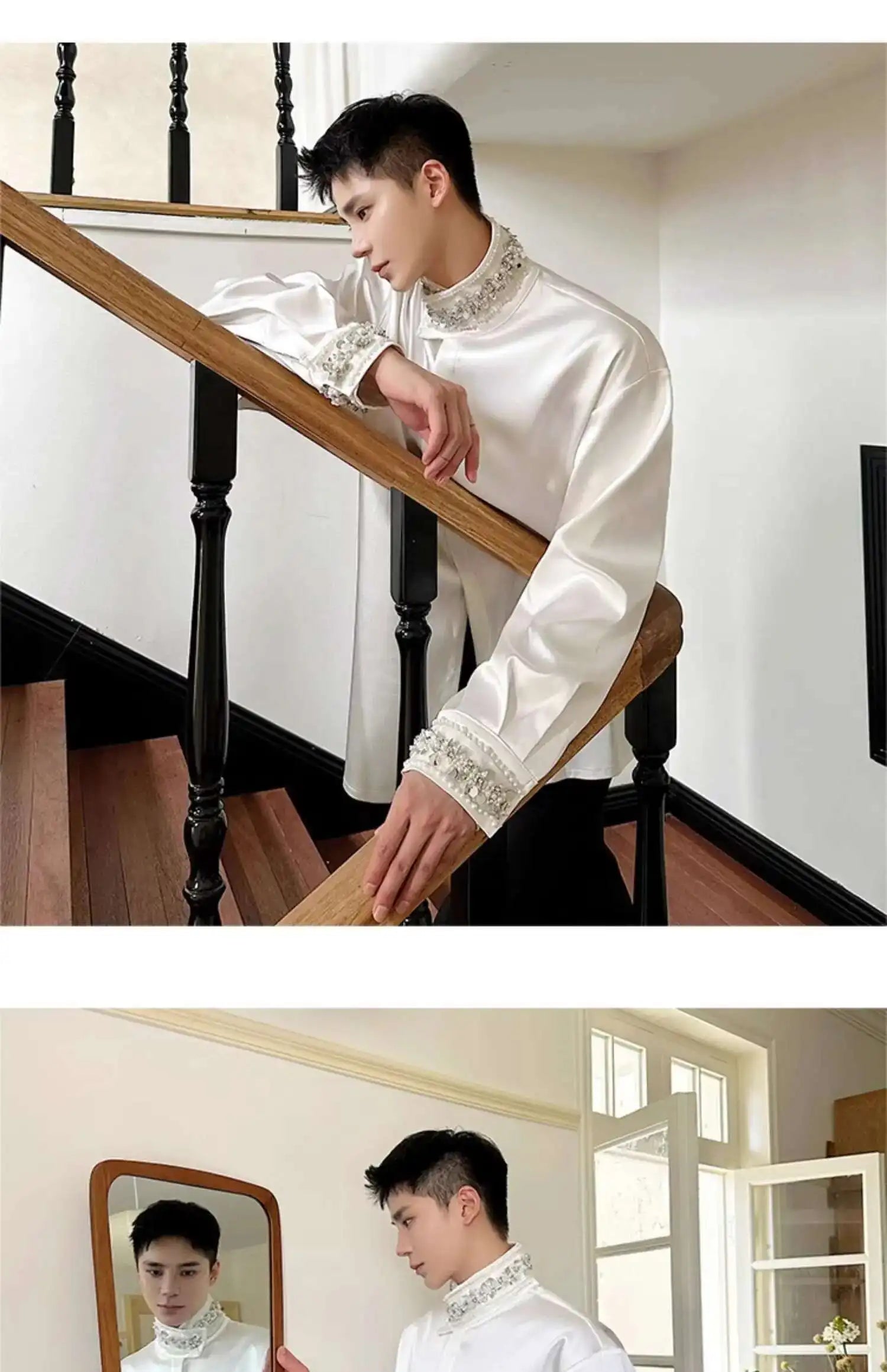PFHQ Diamond Decoration Satin Long Sleeve Male Shirts Stand Collar Solid Color Single Breasted Men's Wear 2025 New Fashion9C7199