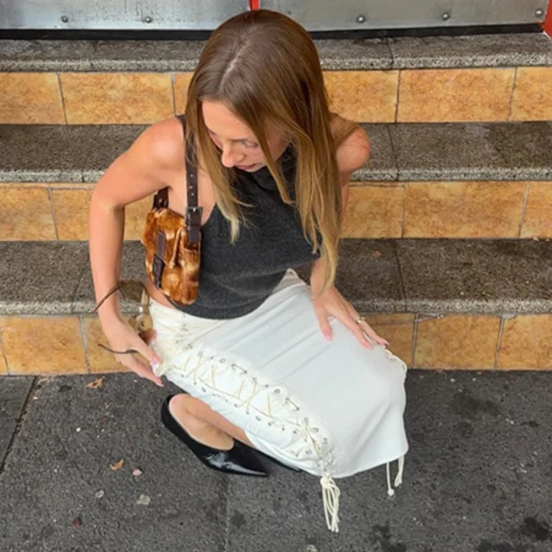 Women Double Side Lace Up Midi Skirt Metal Eyelet Crisscross Tie Bodycon Pencil Skirt Slim High Waist Streetwear Mid Calf Skirt