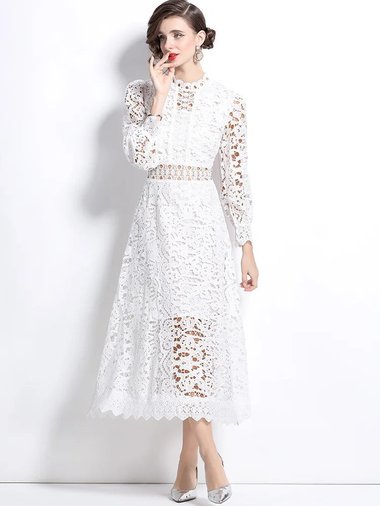Solid Lace Holloe Out Slimming Elegant Dresses For Women Stand Collar Long Sleeve High Waist Minimalist Dress Female Fashion