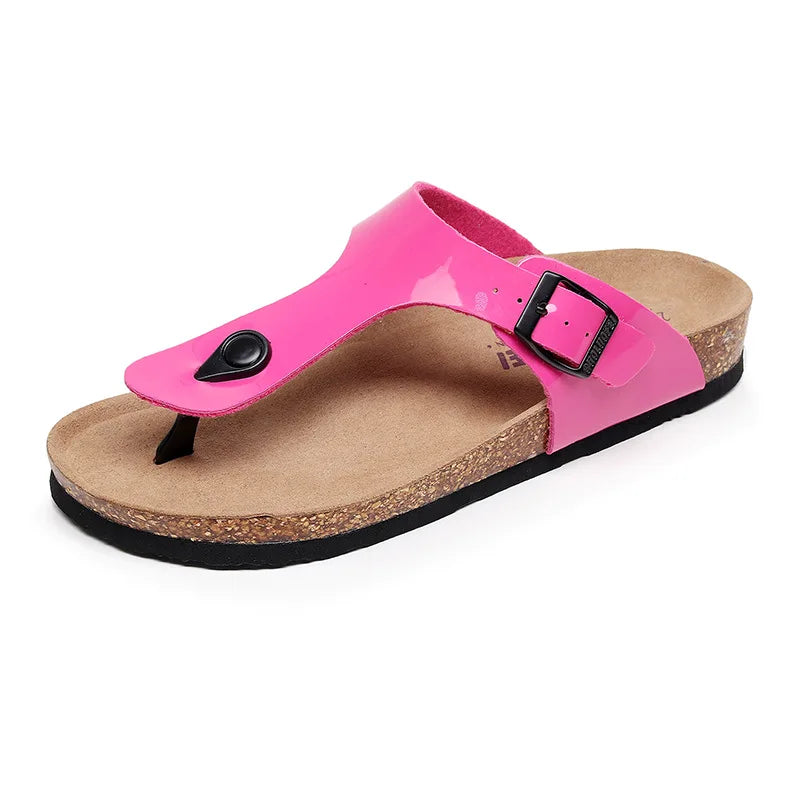 New Cork Sandals for Women Open Toe Beach Slippers with Adjustable Buckle Women Flats Leather Cork Footbed Flip Flops