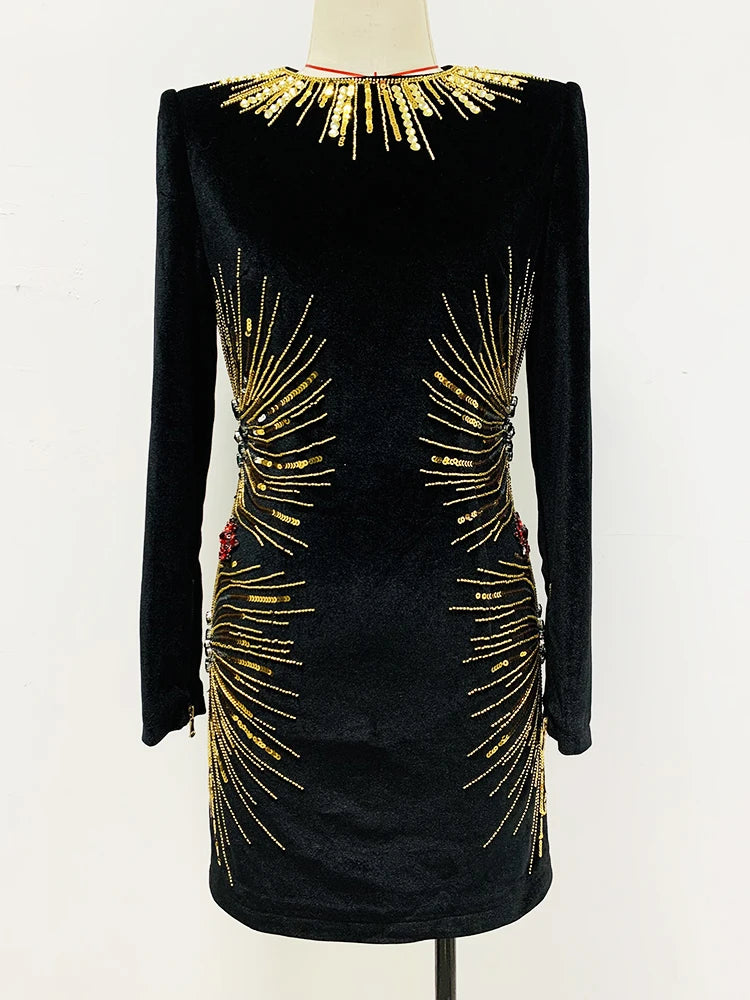 HIGH STREET Newest 2026 Designer Fashion Women's Long Sleeve Stunning Sequined Rhinestone Diamonds Beaded Velvet Dress