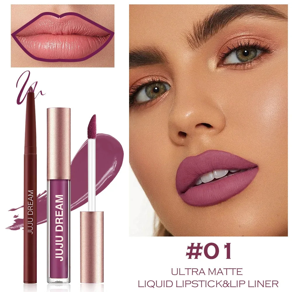 2-Piece Matte Lip Gloss & Lip Liner Set, Long-Lasting Cup-Shaped Formula Glides On Smoothly, Perfect For Everyday Makeup Looks.
