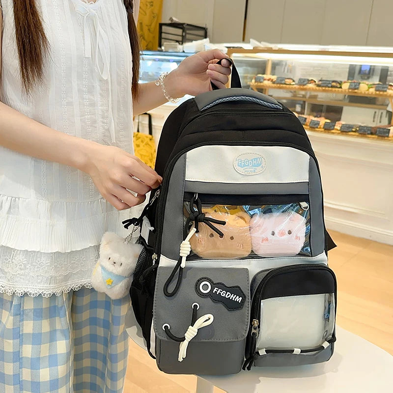 Women's Pastel Color Block Backpack Clear Display Pockets Plush Charm Bow Detail Adjustable Strap Casual Daily Itabag School Bag