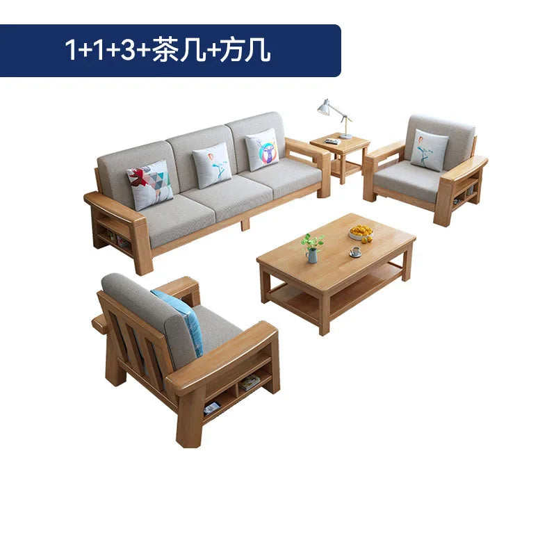 Nordic solid wood three-person sofa, modern simple fabric, small apartment concubine coffee table combination furniture