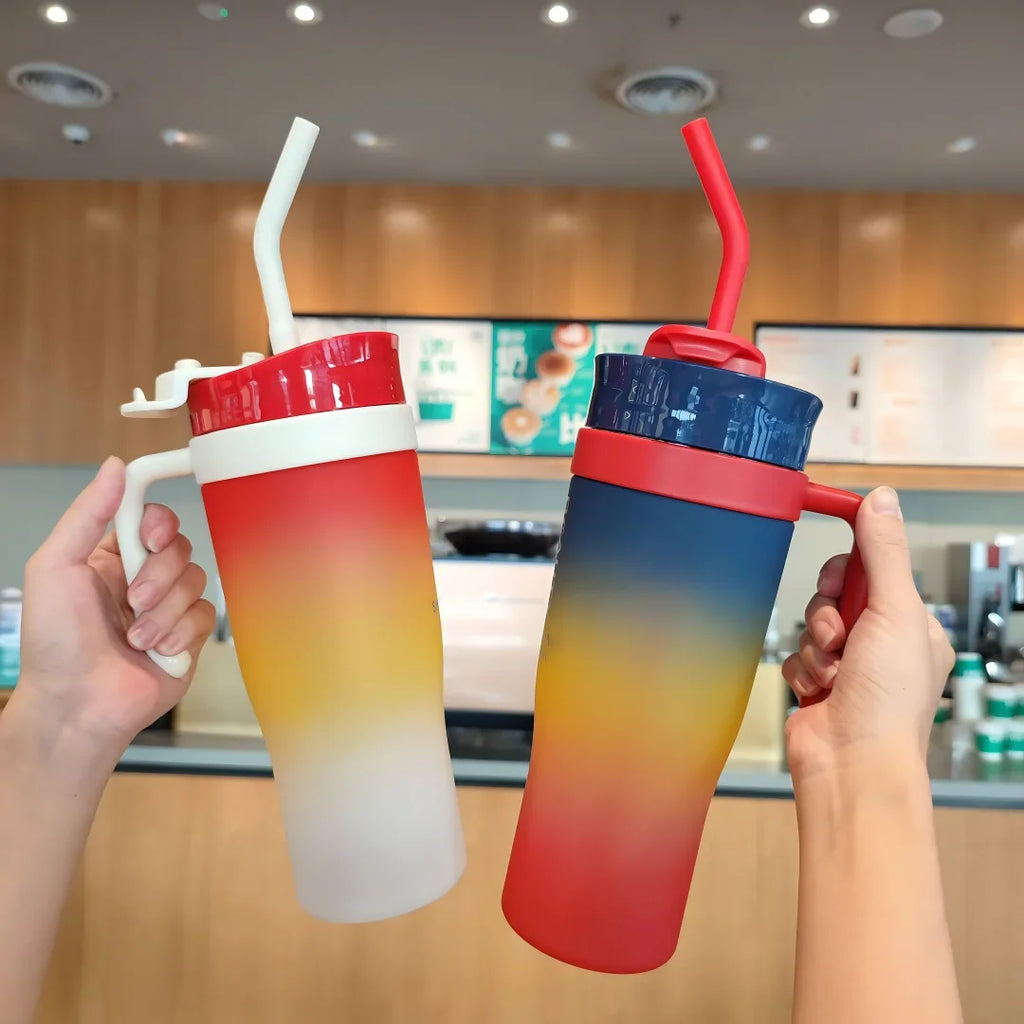1200ml Large Capacity Gradient Frosted Sports Water Bottle Tumbler for Car Gym Outdoor Travel Reusable BPA Free Cup with Straw