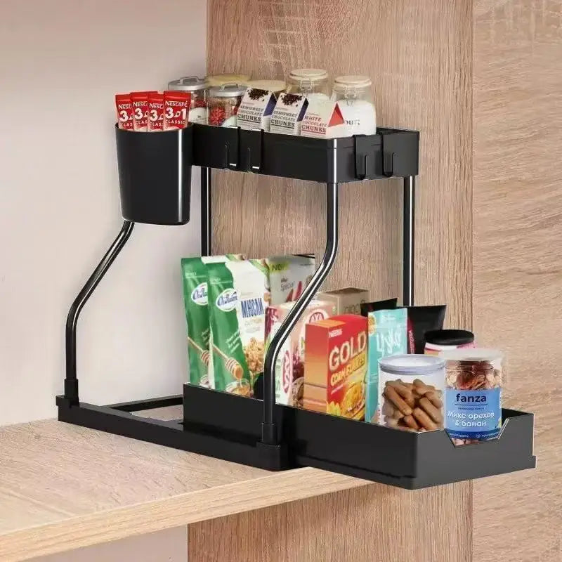Space Saving 2 Tier Under Sink Organizer,Pull Out Storage Box Durable Large Capacity Kitchen Bathroom Essential Drawer Organizer