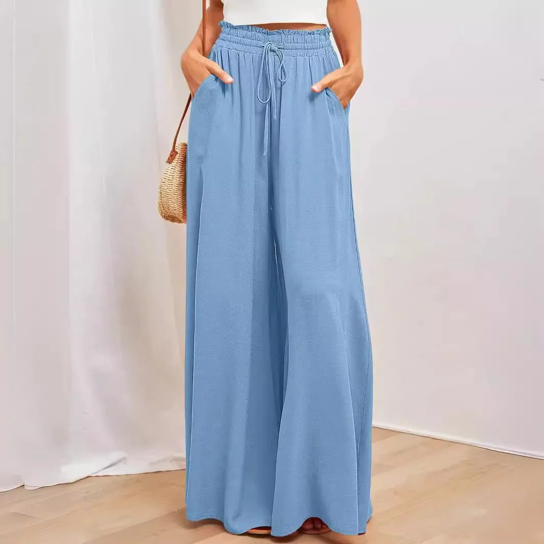 Women's Elastic Long Palazzo Pants Casual Urban Style Tie Detail Polyester Blend Woman Clothes Female Clothing Women's And