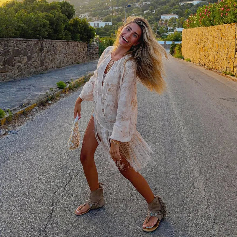 Vintage Embroidered Blouse Tie V Neck Cutout Patchwork Fringe Hem Puff Long Sleeve Tunic Cover Up Women's Relaxed Holiday Wear
