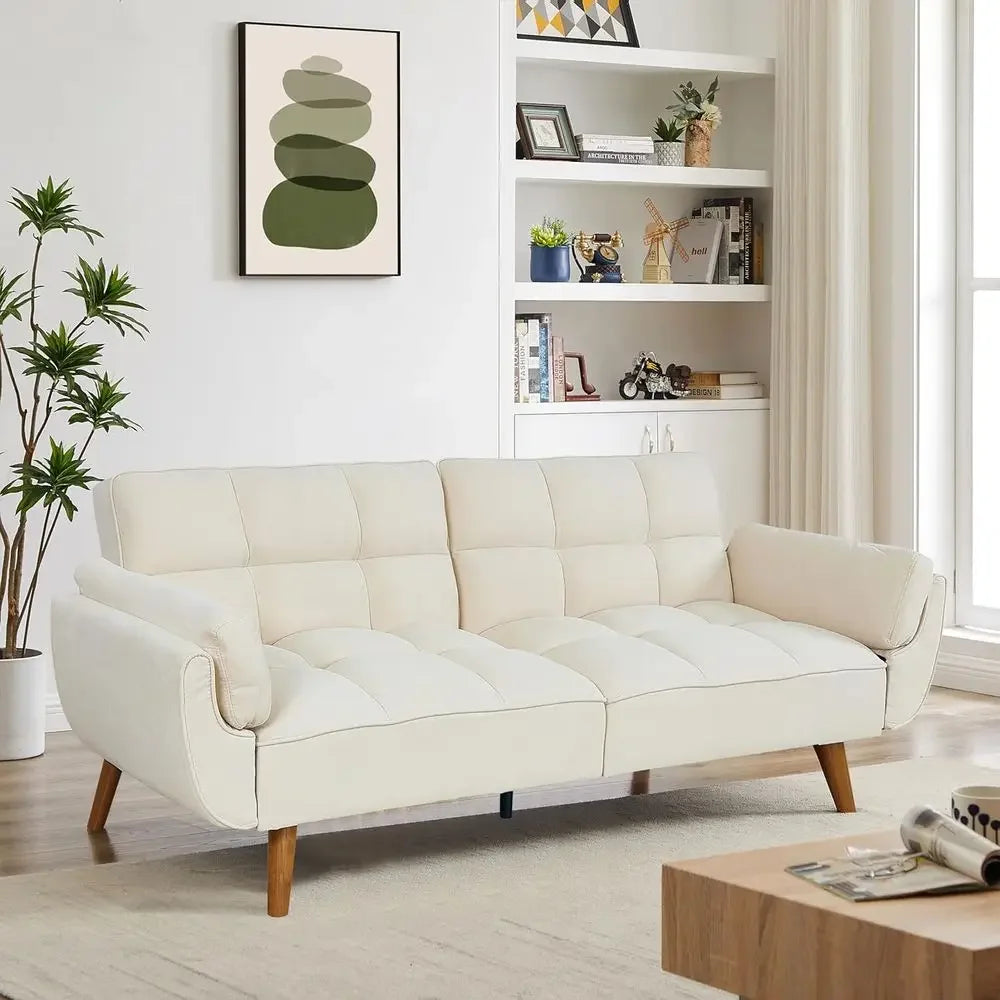 Twin Size Convertible Sleeper Sofa with Reclining Linen Split Back and Pillow Top Arms for Compact Living Spaces in Beige