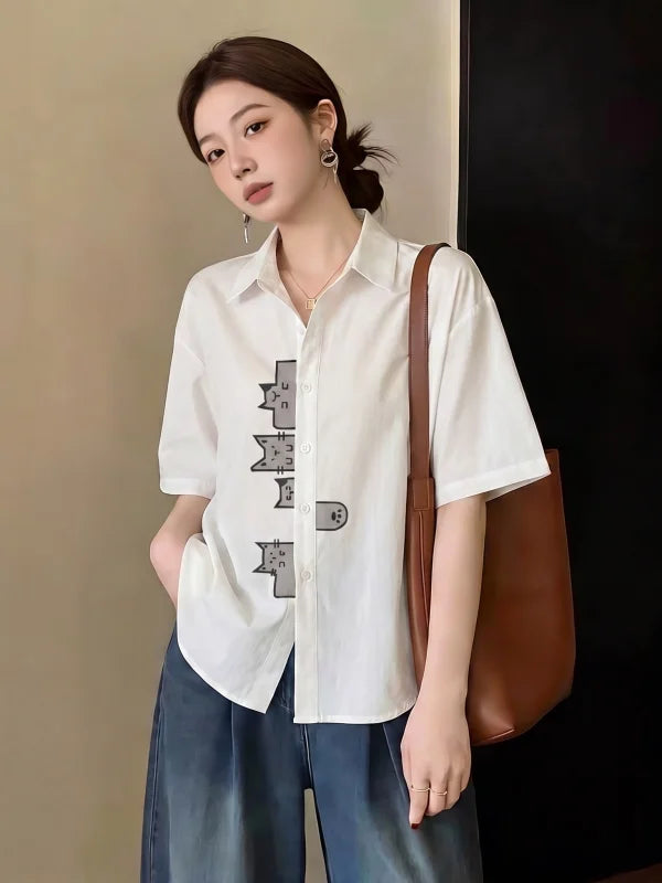 Khaki Short Sleeve Shirt Women's Shoulder Length Cover Belly Summer New Style plus Size Fat MM Age Reduction Top Commute Style
