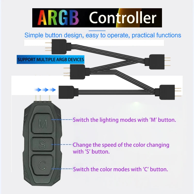 5V 3pin ARGB Controller To SATA Power Supply Mini RGB Controller For Computer Case ARGB Fans, Coolers, LED Stripes, Etc.