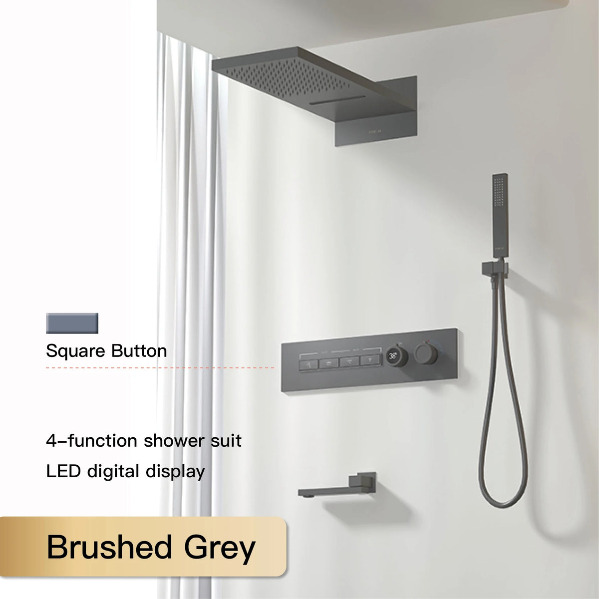 Luxury Black Brass Shower System, Wall Mounted Led Digital Display, Cold Hot Dual Control, Four Function Ceiling Shower Tap