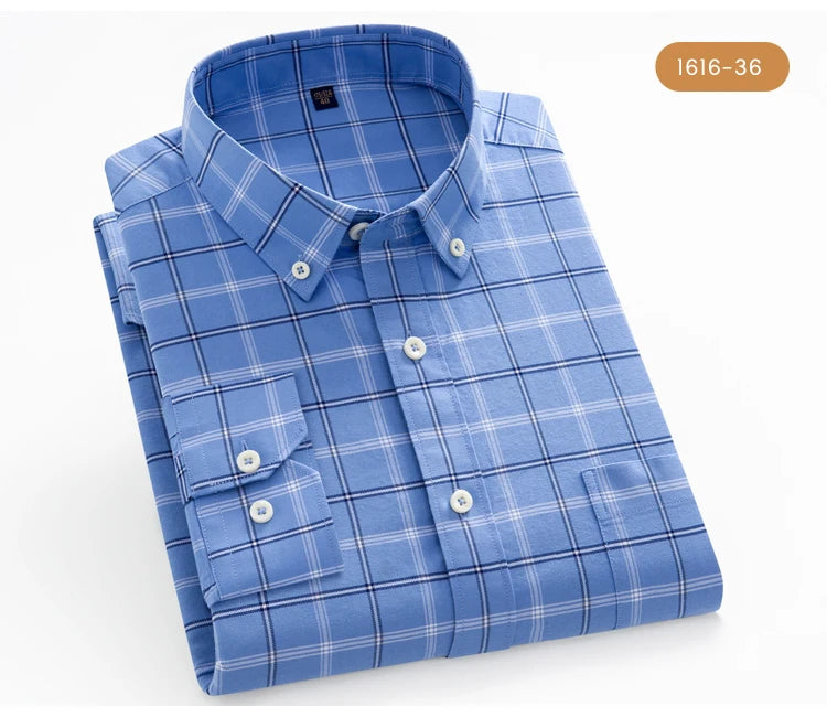Men's 100% Cotton Breathable Oxford Fabric Dress Shirt, Plaid Striped Casual Long Sleeve, Button-Up with Collar and Chest Pocket