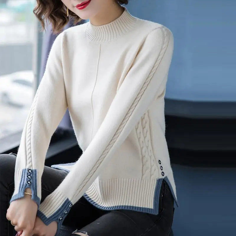 Stylish Stand Collar Button Knitted Spliced Korean Sweater Women's Clothing 2022 Autumn New  Casual pullovers Loose Commute Tops