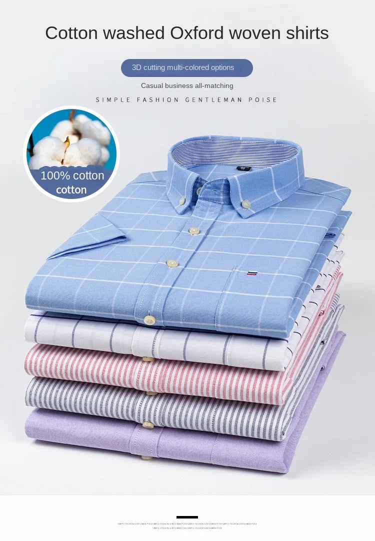2025 100% Pure Cotton Men's Oxford Short Sleeve Square Collar Soild Plaid Striped Summer Casual Shirts Single Pocket  Shirt