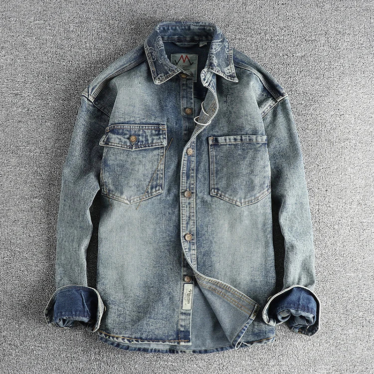 Heavy collar cashew flower embroidery design sense of British vintage denim shirt men's autumn trend coat with long sleeves