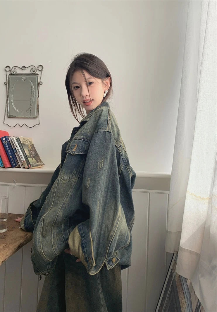 Vintage Washed Denim For Women Loose Fit Street Style Casual Biker With Retro Spring Autumn Layering Outerwear