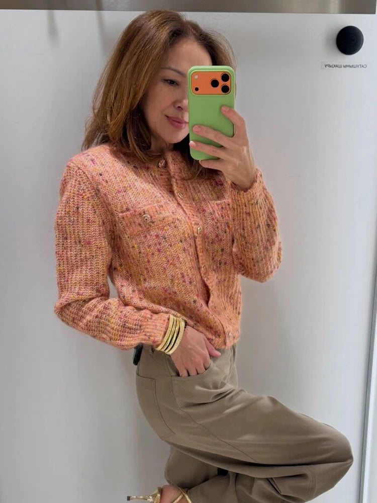 Women Cropped Knit Cardigan Speckled Round Neck Metal Button Front Long Sleeve Slim Fit Knit Jacket Casual Ladies Outerwear