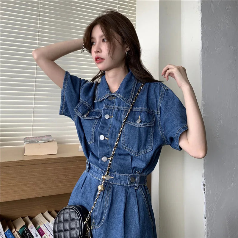 Women Vintage Denim Shirt Dress High Waist A-line Jean Mini Dress for Ladies Retro Y2K Streetwear Dresses for Women Party Outfit