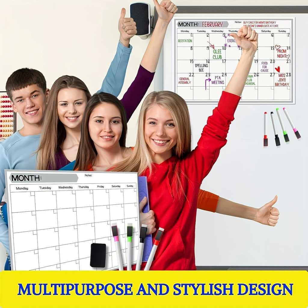 Material Magnetic Refrigerator Calendar - Dry Erase Monthly Planner - 17x12 Rectangle Whiteboard Fridge with 4 Markers and Erase